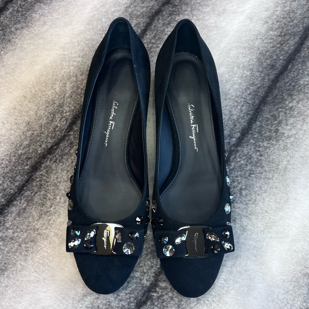 Salvatore Ferragamo Vara Bow Crystal Embellished Black Suede Pump Heels